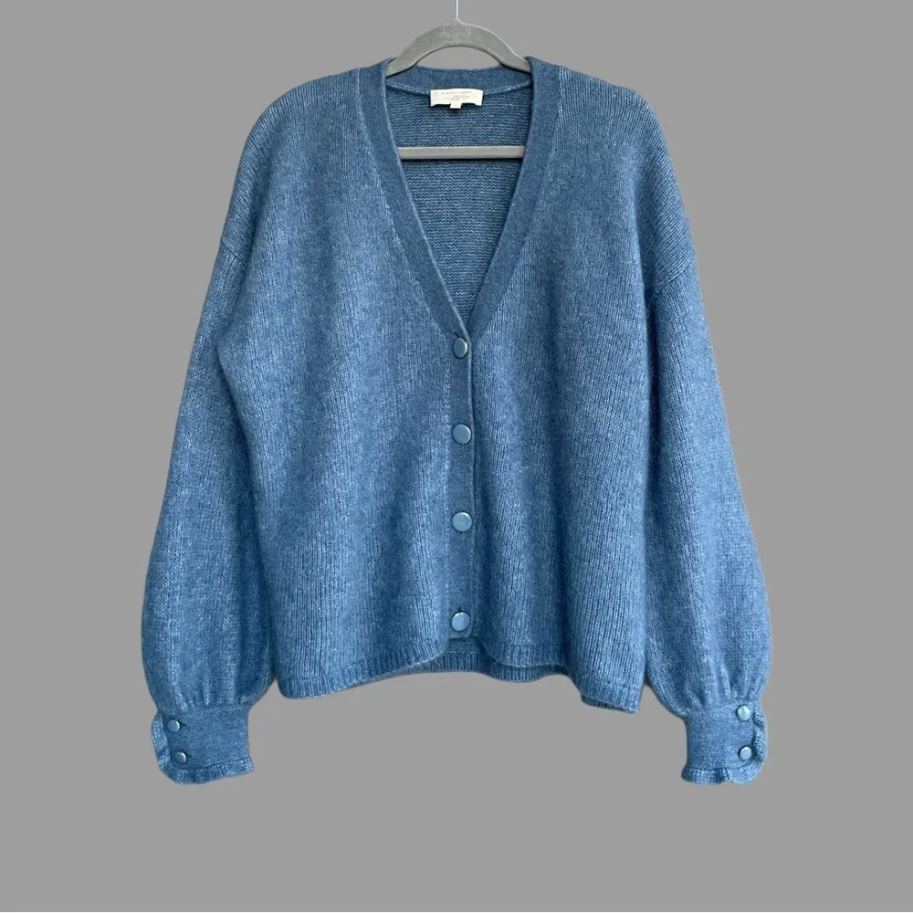 SEZANE Blue Mohair Wool Balloon Sleeve Oversized Mia V Neck Cardigan Sweater - Picture 4 of 16
